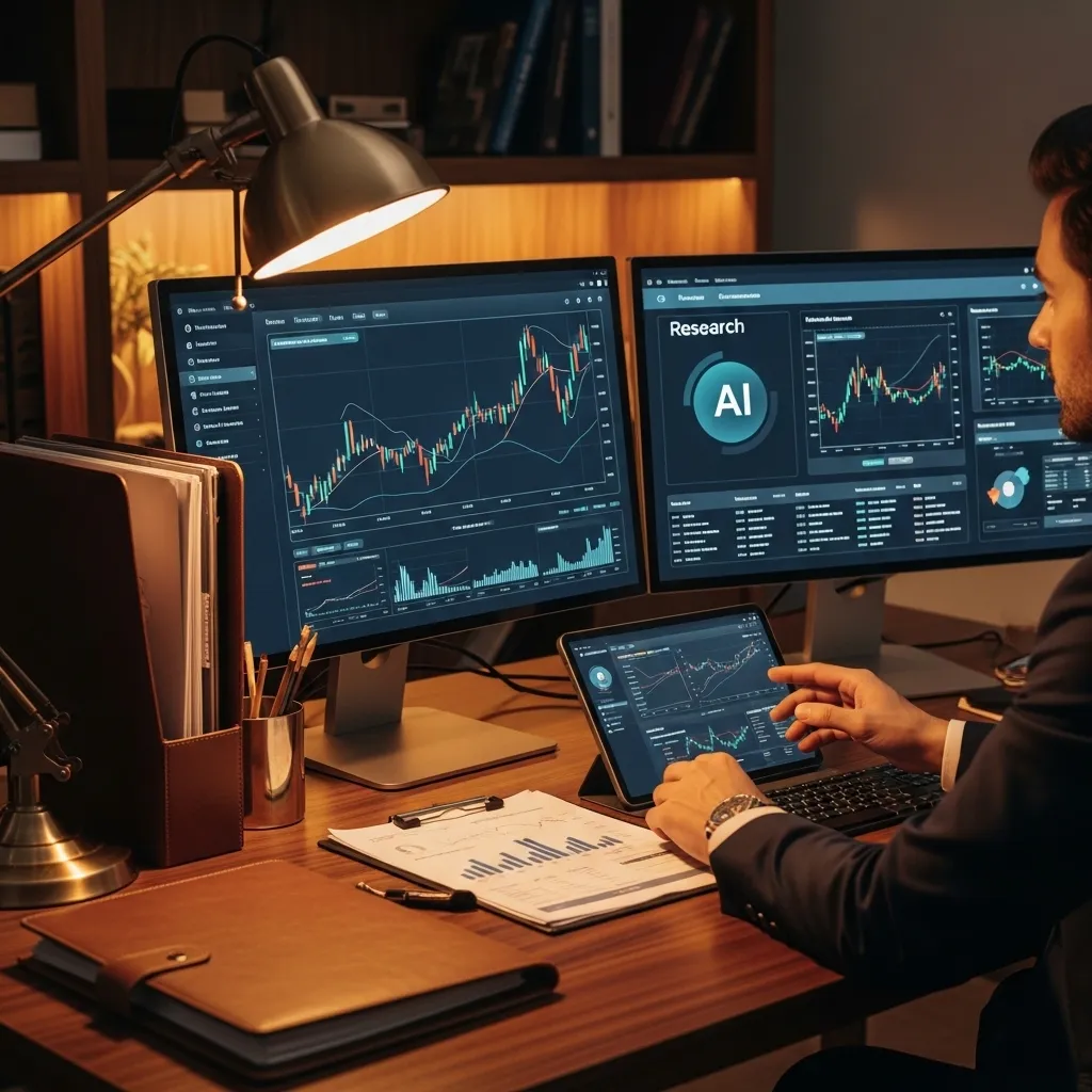 A sophisticated financial advisor's office with a wealth manager in a sharp suit reviewing investment charts on a large monit