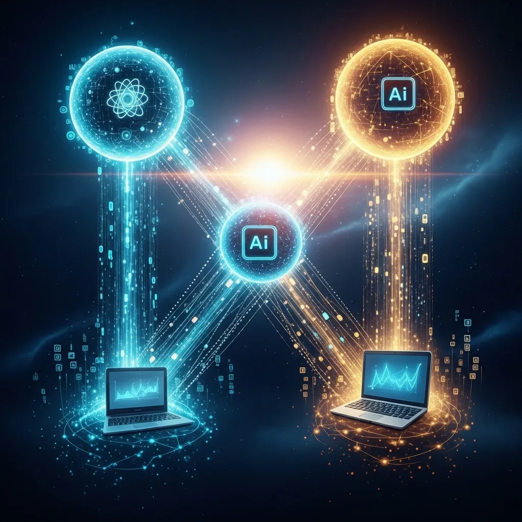 A stunning digital illustration showing a network of interconnected AI agents collaborating across different domains