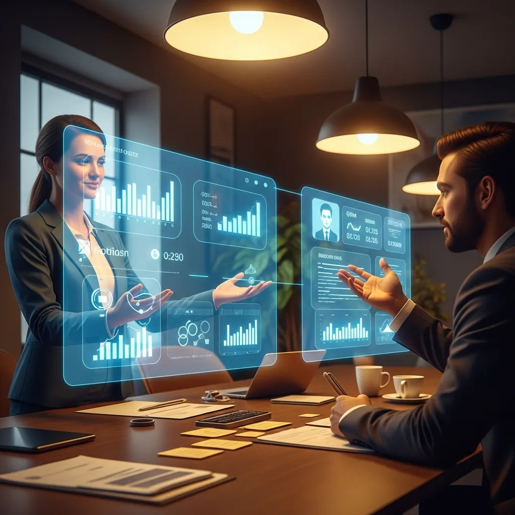 A dynamic digital illustration of a modern sales meeting in progress