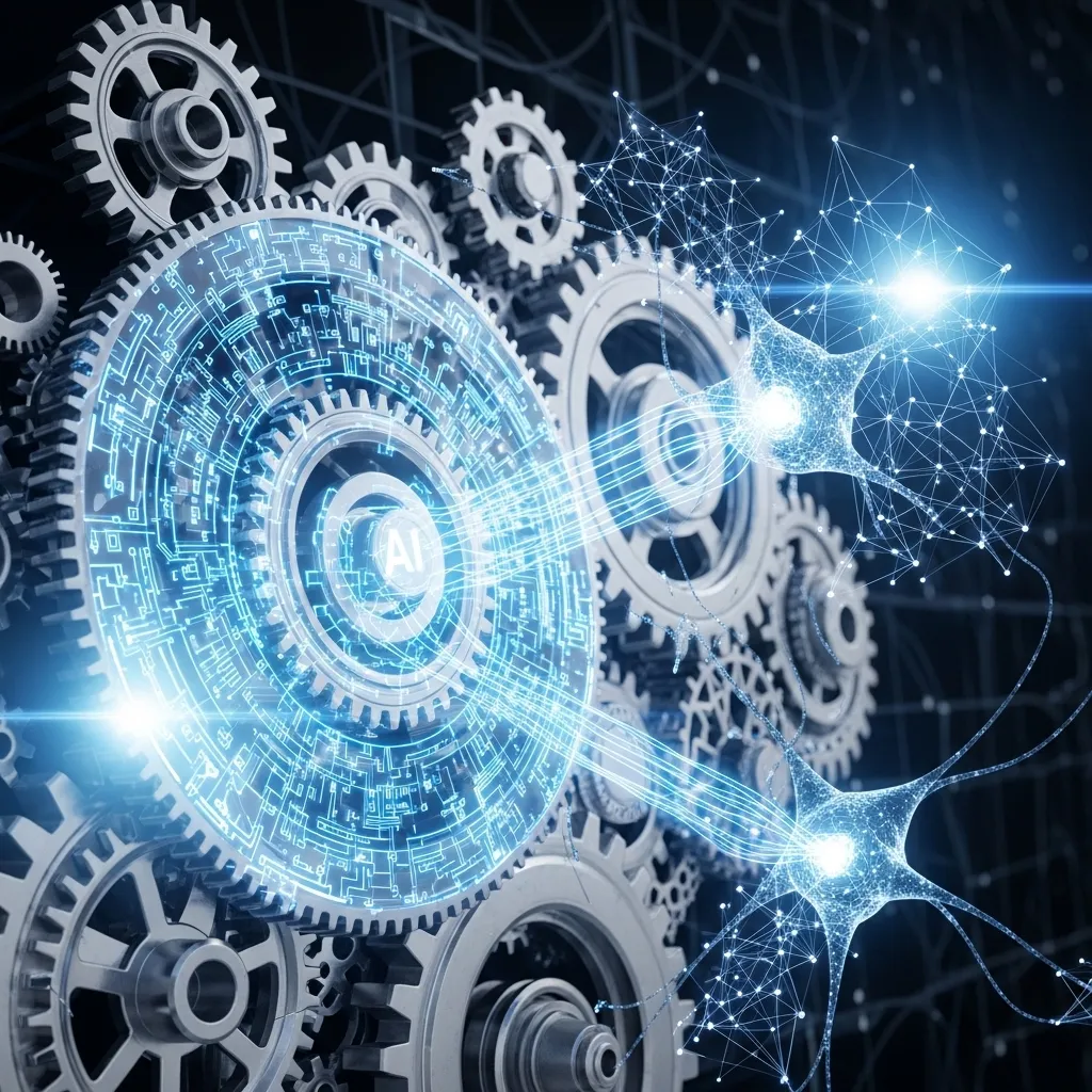 A detailed digital illustration of interconnected gears and neural networks merging into a single sophisticated system