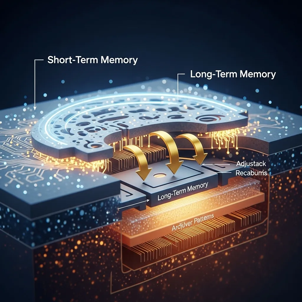A detailed cross-section diagram of an AI agent's memory system, rendered in high-quality digital illustration style