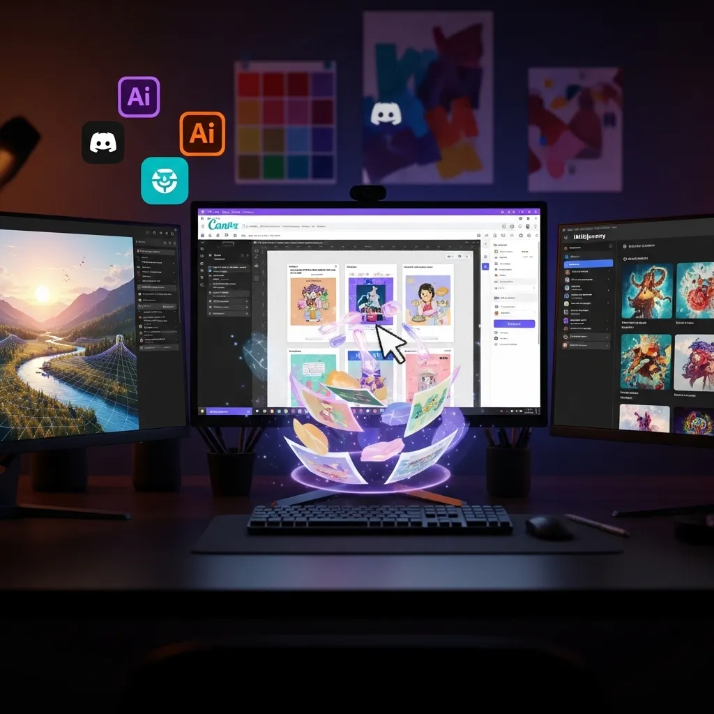 A vibrant digital workspace showing three creative tools in action