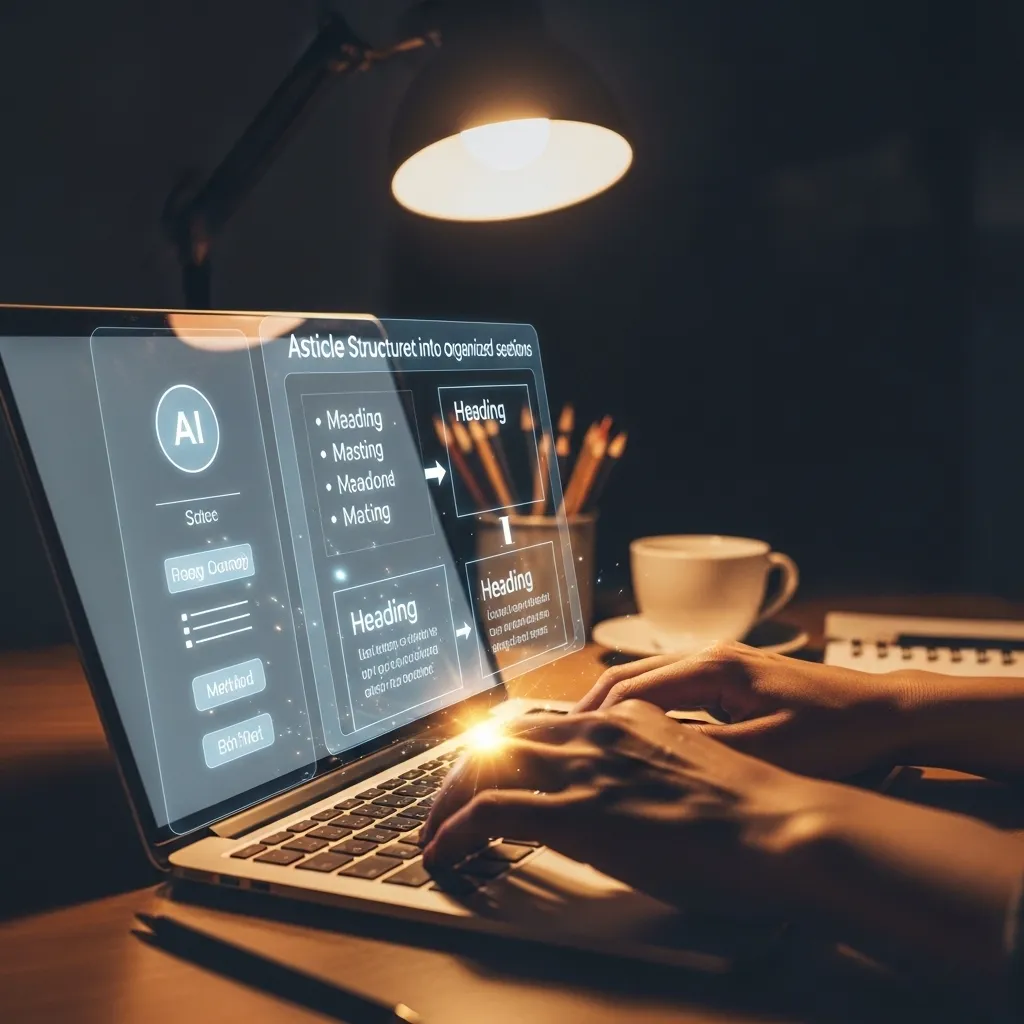 A close-up photorealistic image of hands typing on a laptop keyboard, with a glowing AI interface overlay showing article con