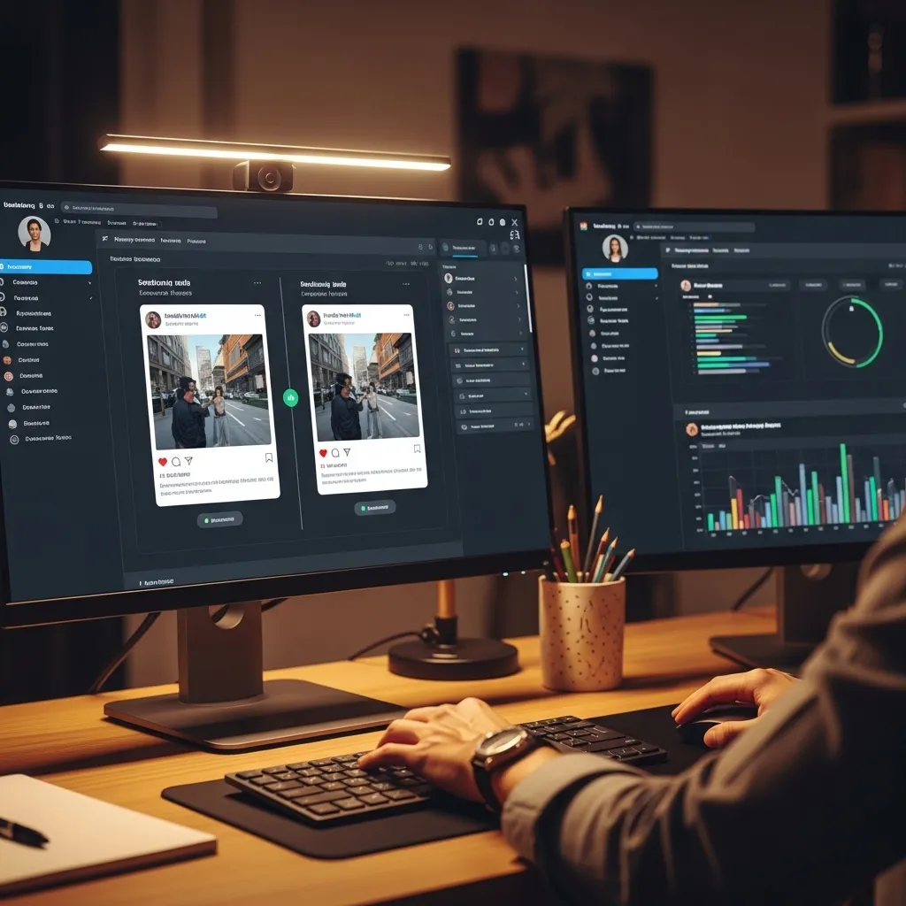 A detailed photorealistic scene showing a marketing professional's workstation with dual monitors displaying social media ana