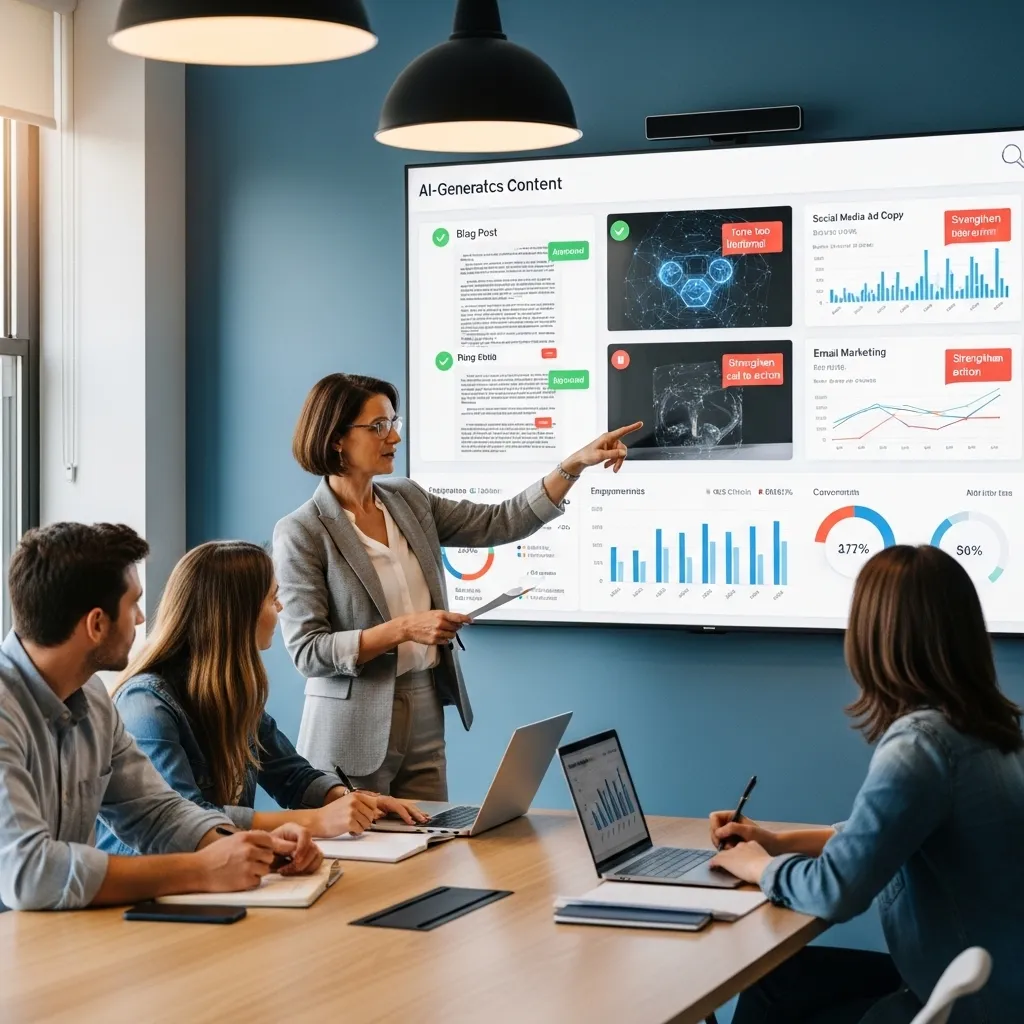 A marketing team reviewing AI-generated content in a modern office