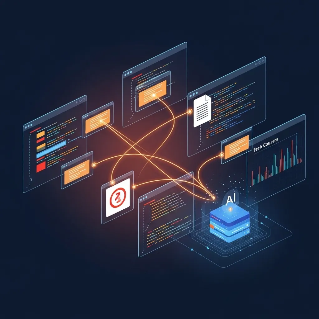 A detailed illustration of an AI debugging assistant tracing through complex error chains across multiple code files
