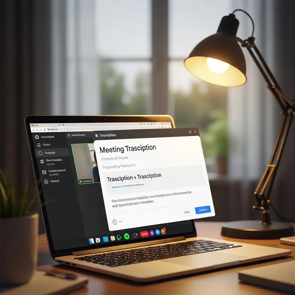 A detailed digital illustration of a minimalist browser extension interface capturing meeting transcription