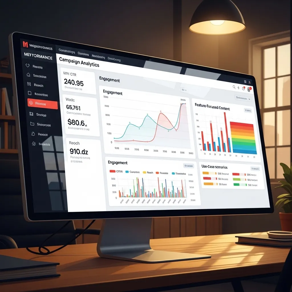 A detailed illustration of a marketing analytics dashboard showing campaign performance metrics