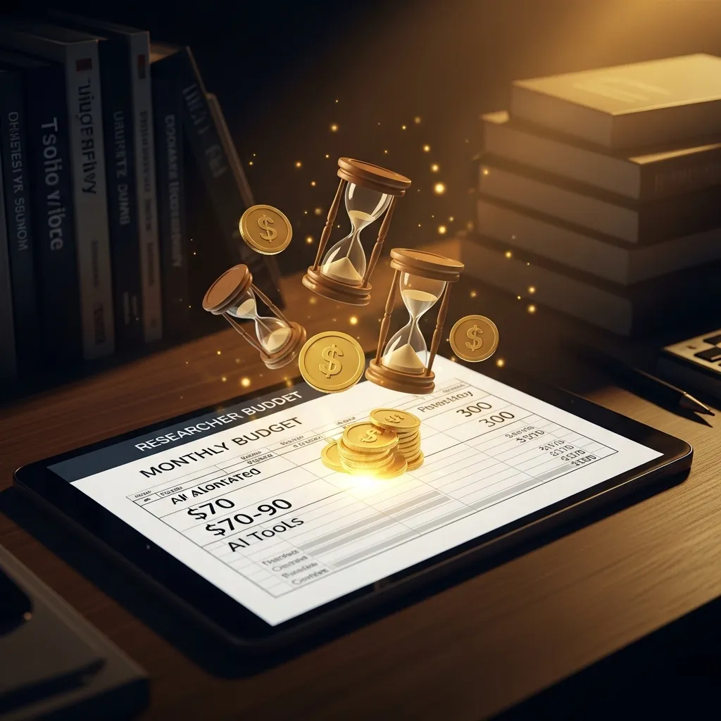 A detailed illustration of a researcher's monthly budget spreadsheet glowing on a tablet screen, showing $70-90 allocated to 