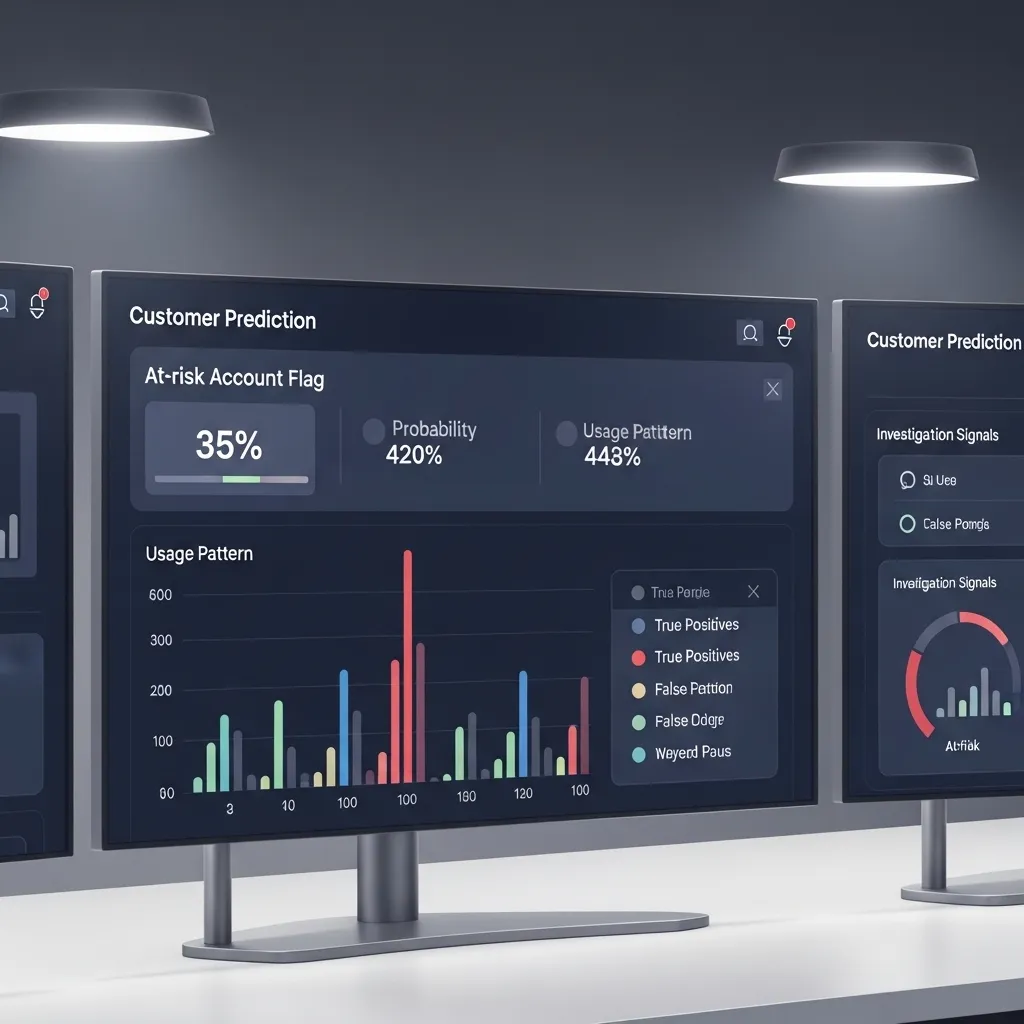 A detailed digital illustration of a customer success dashboard showing churn prediction analytics