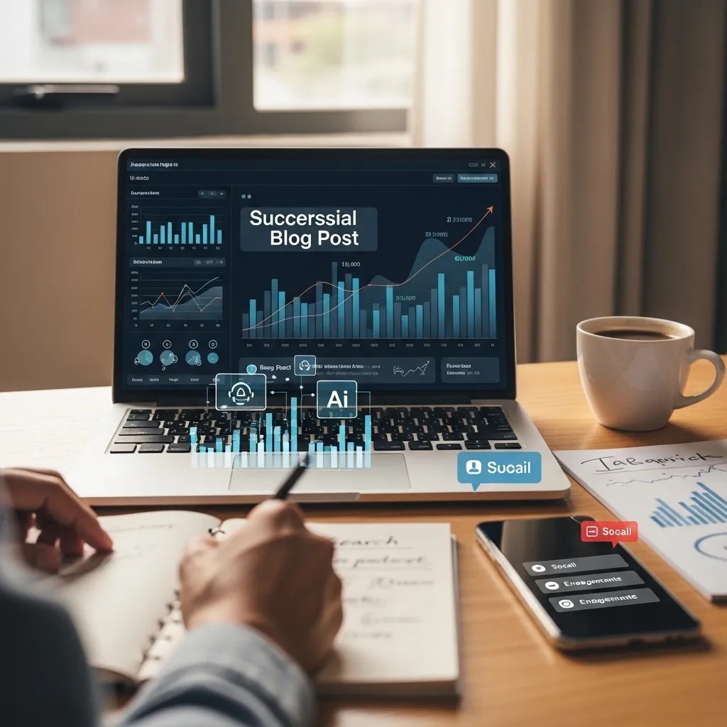 A photorealistic image of a professional blogger's dashboard showing analytics graphs trending upward
