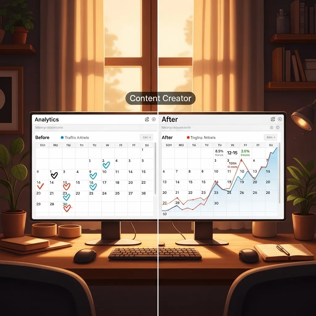 A detailed digital illustration of a content creator's dashboard showing before-and-after analytics