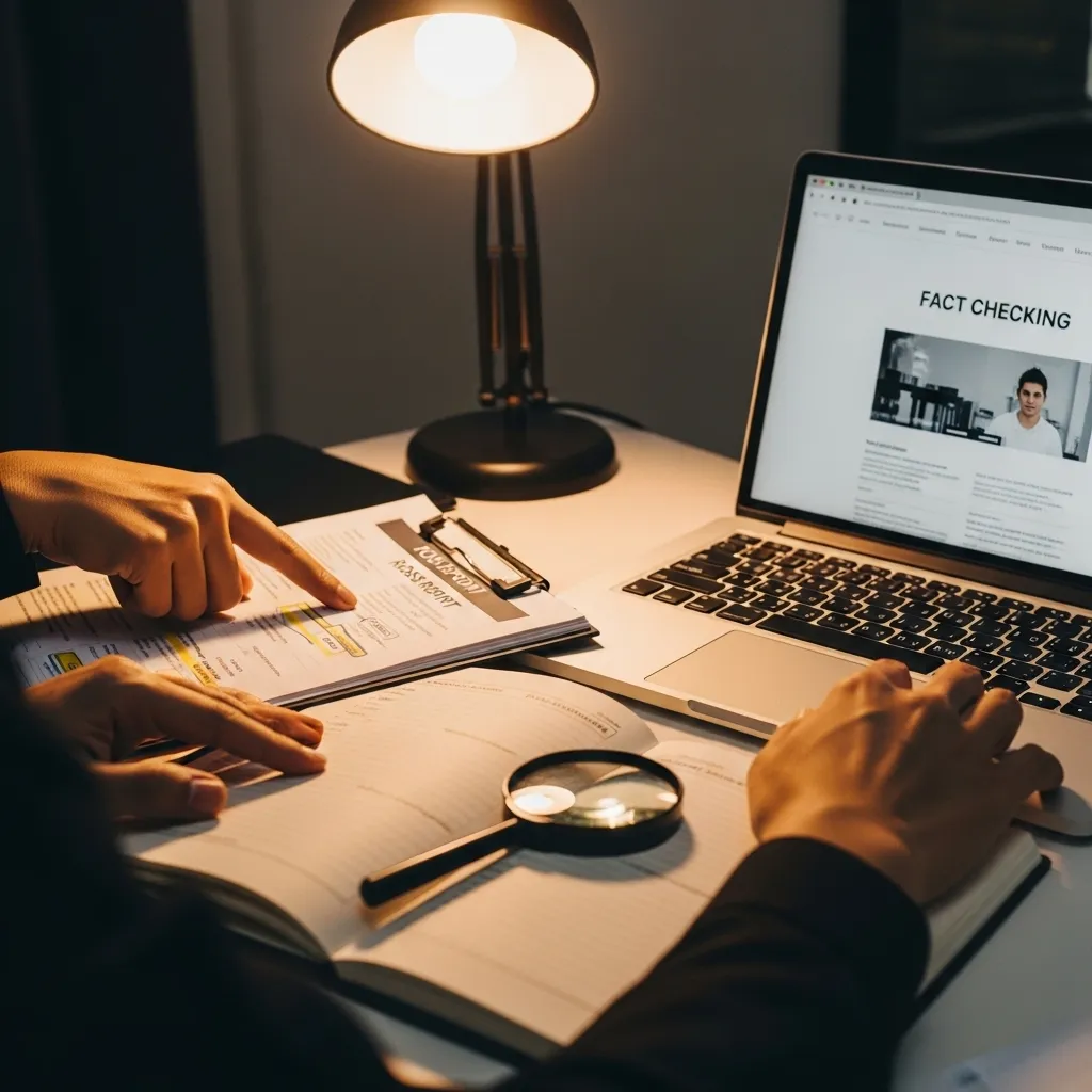 A close-up of a researcher's hands at a desk, meticulously cross-referencing information