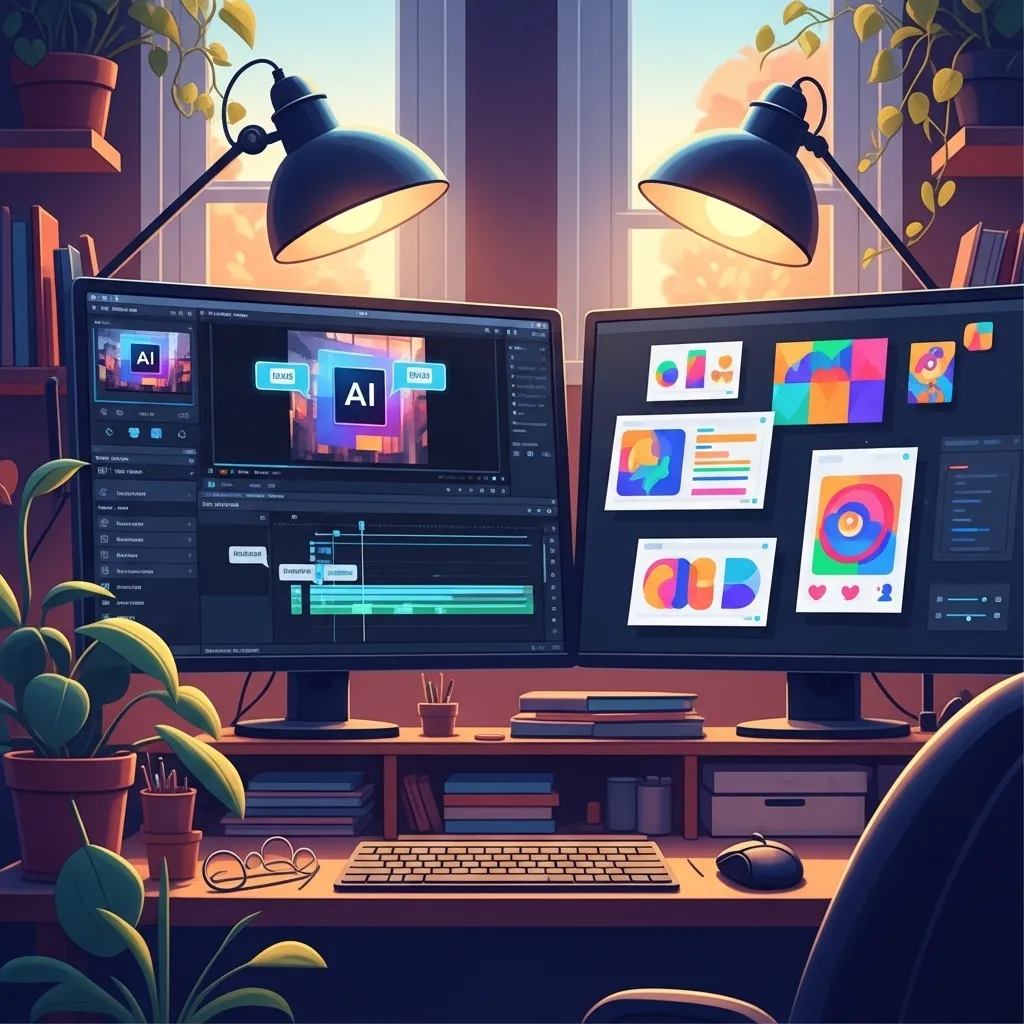 A vibrant digital illustration of a content creator's workstation with dual monitors