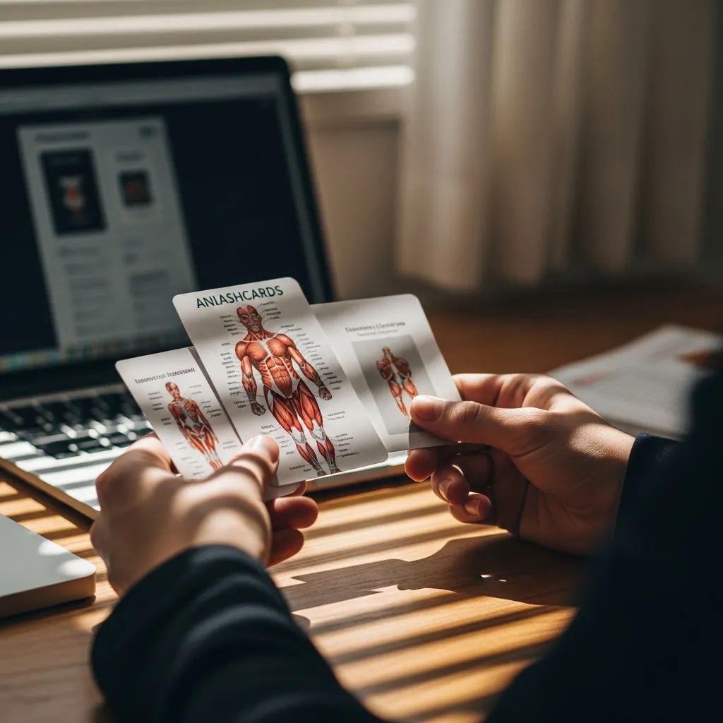 A detailed close-up of hands holding physical flashcards against a wooden study desk