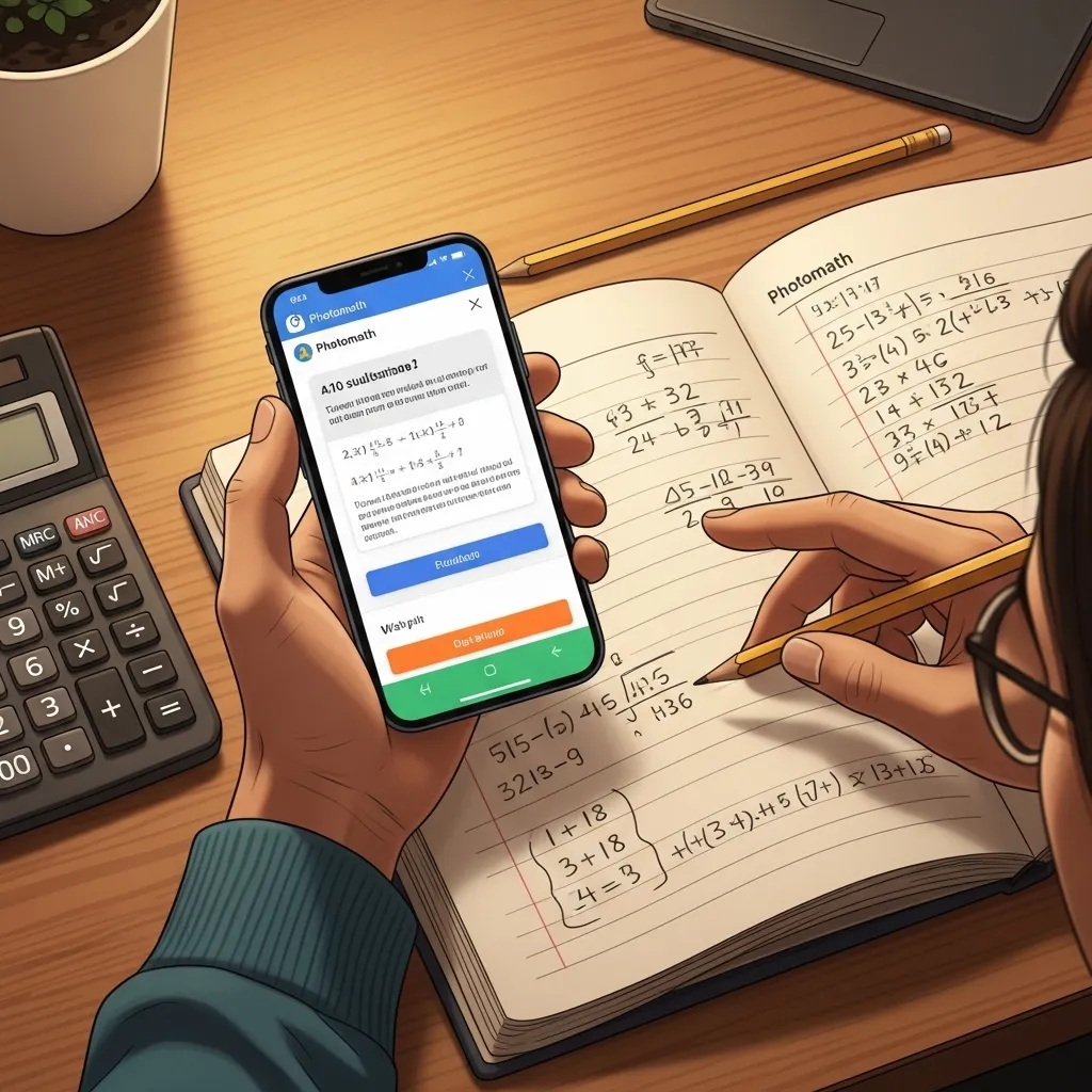 A detailed digital illustration of a student's hands holding a smartphone displaying a math problem solution from Photomath, 