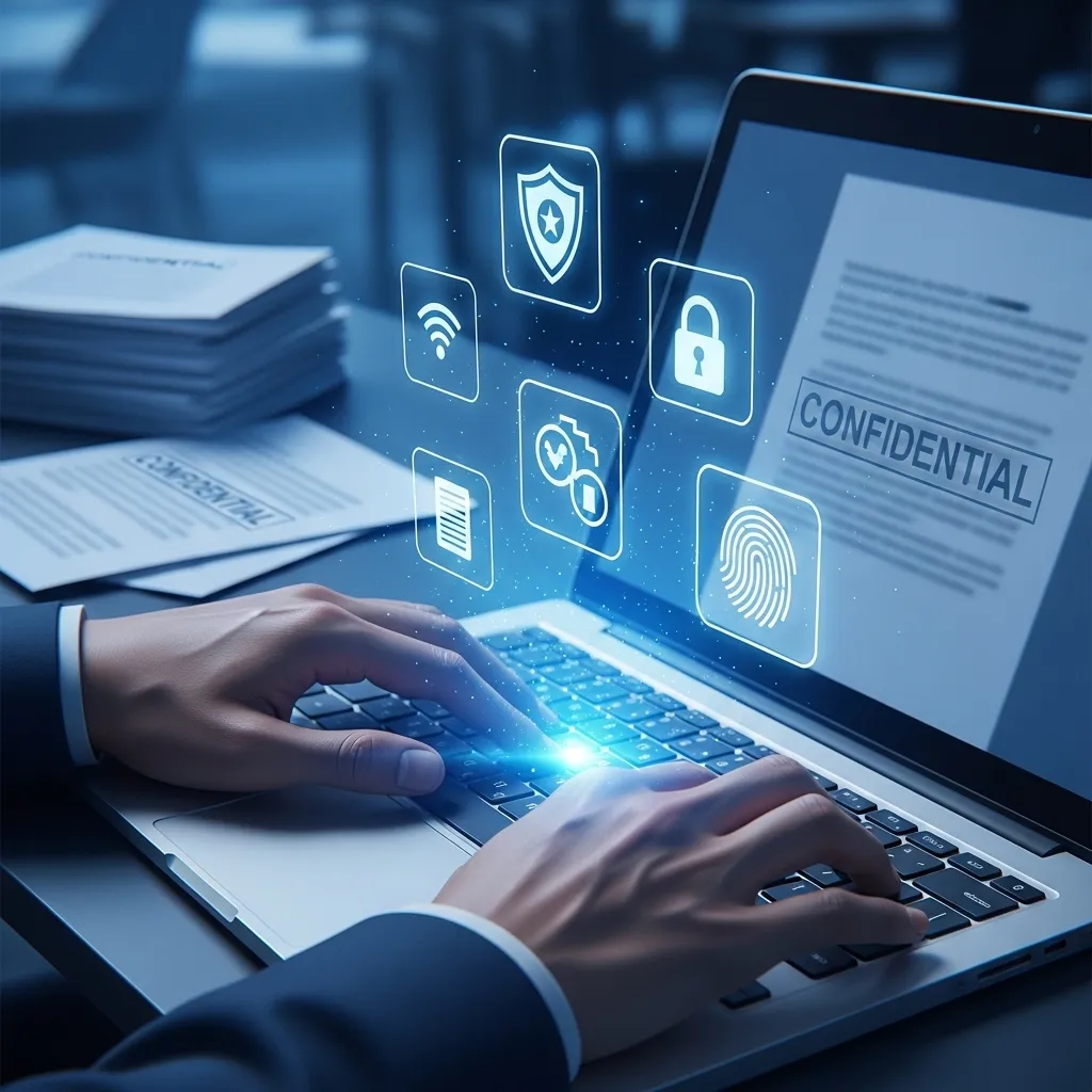 A detailed digital illustration of a person's hands typing on a laptop keyboard, with translucent privacy shield icons and di