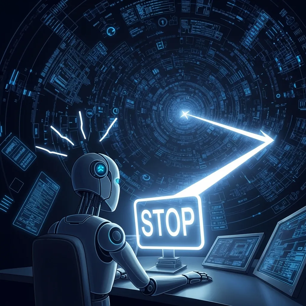 A detailed digital illustration of an AI agent caught in a 'tool spiral