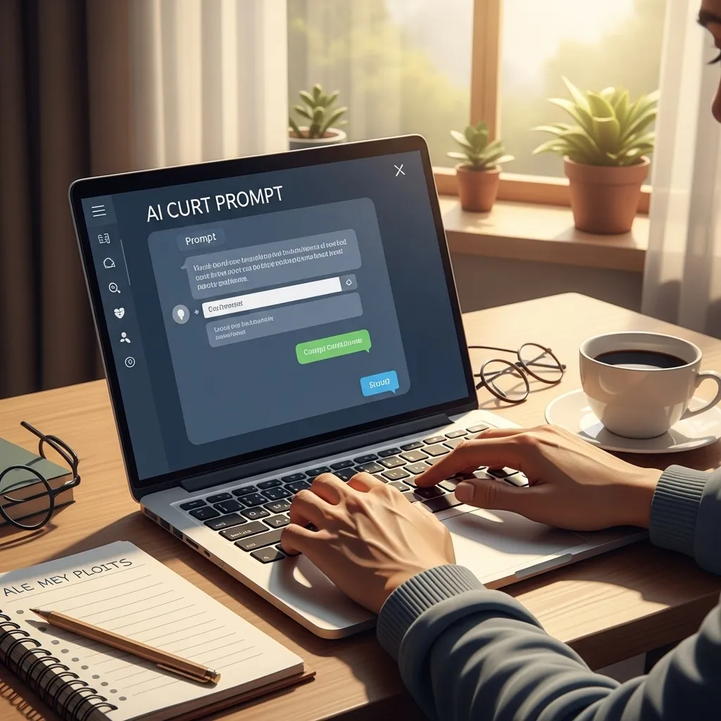 A high-quality digital illustration of a person's hands typing on a laptop keyboard in a cozy home office