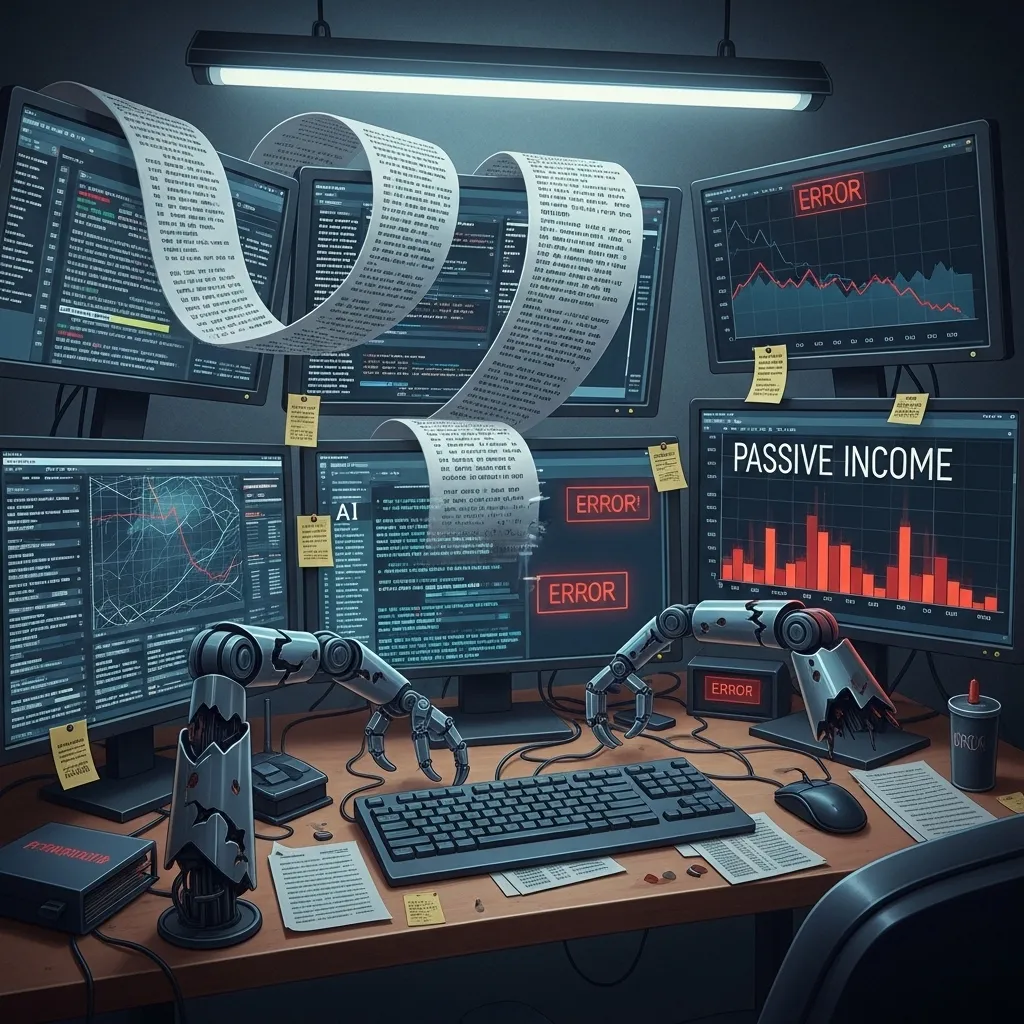 A detailed digital illustration of a failed automated blogging system