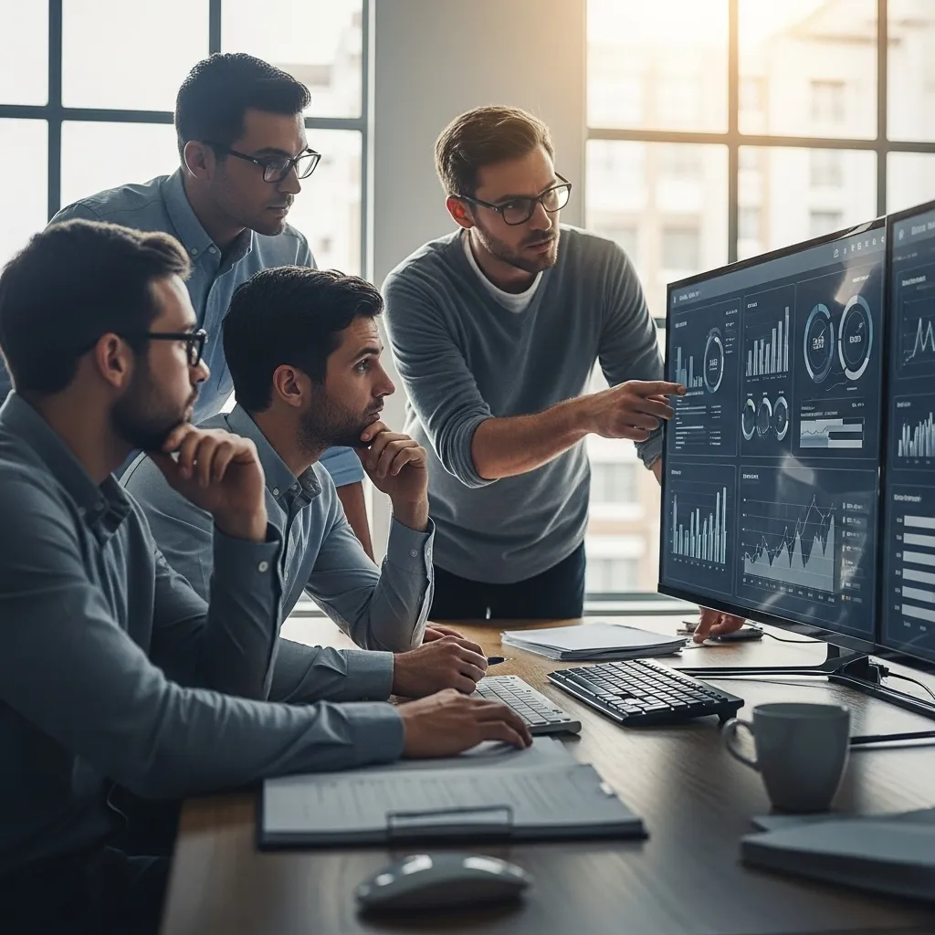 A detailed digital illustration showing a sleek, minimalist desk with multiple transparent holographic screens floating above