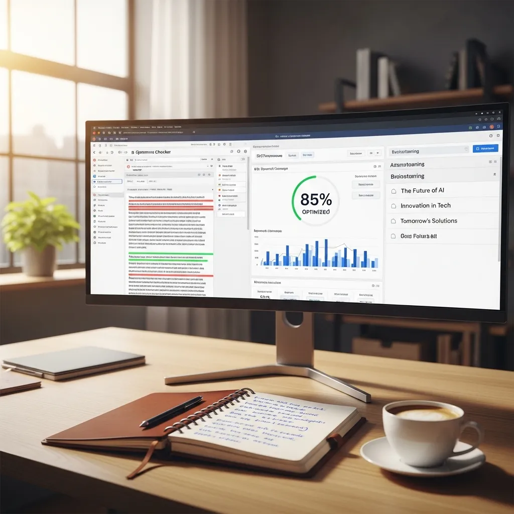 A clean, modern workspace with multiple digital tools open on a large monitor showing ai for content creation
