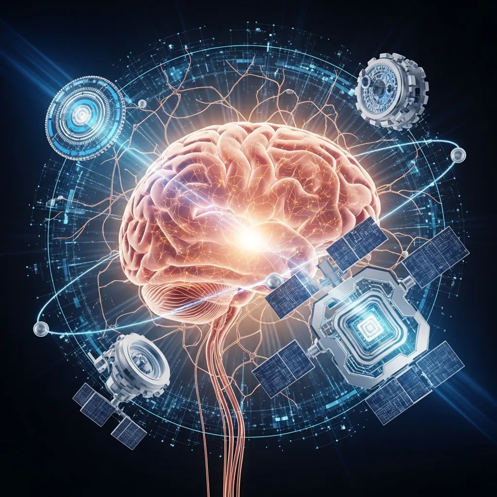 A detailed digital illustration of a human brain with intricate neural connections, surrounded by supportive AI elements like
