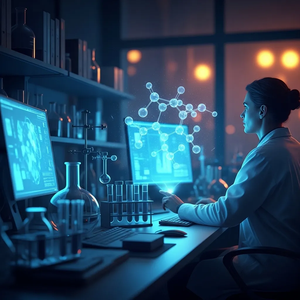 A detailed digital illustration of a biotechnology laboratory at night agentic ai examples
