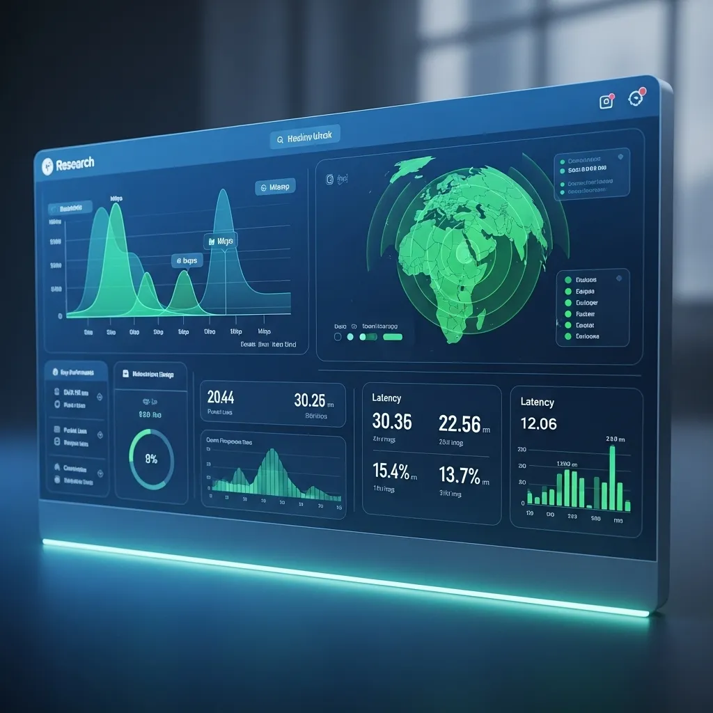 A detailed digital illustration of a sophisticated research dashboard with multiple data panels showing bandwidth graphs, cov