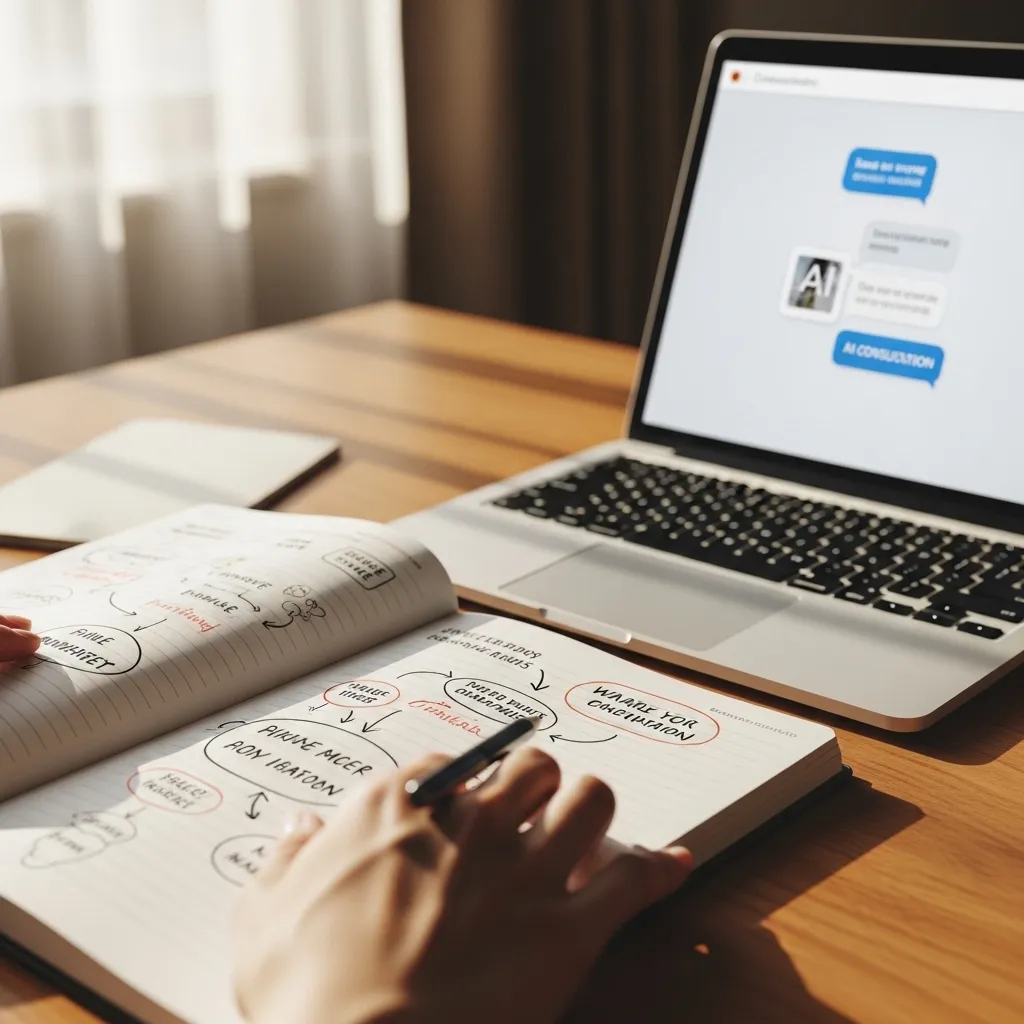 A close-up, photorealistic shot of a writer's notebook and laptop on a wooden desk