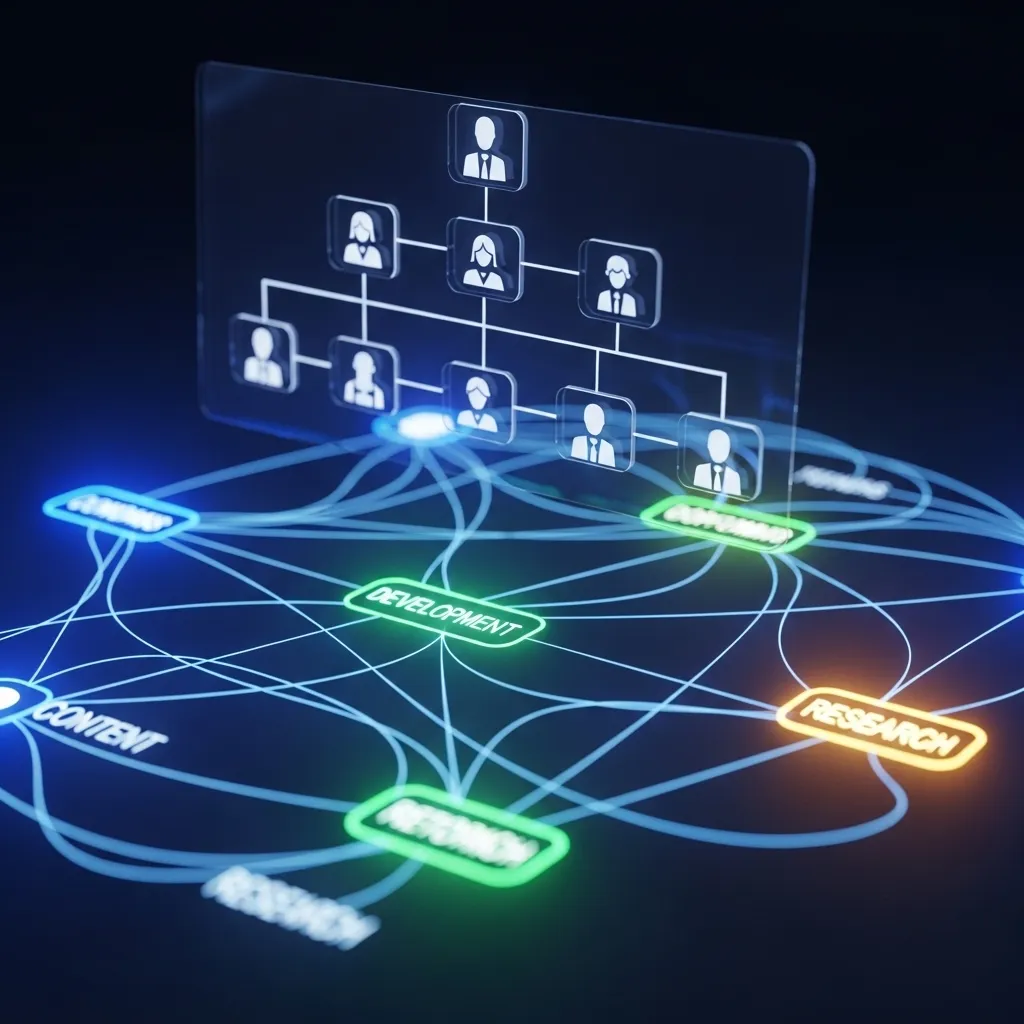 A detailed digital illustration of a transparent organizational chart overlay on a glowing network diagram