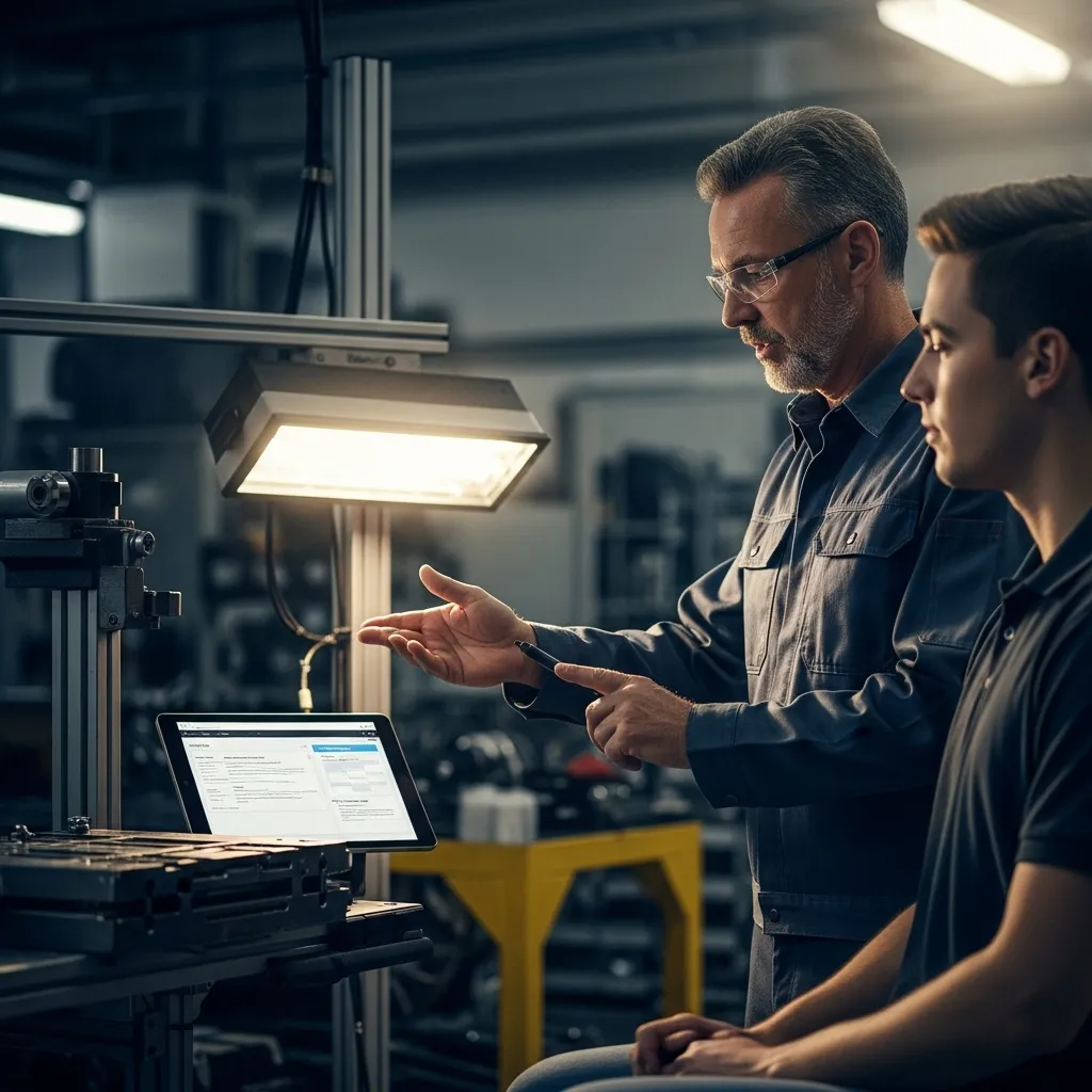 A photorealistic scene in a manufacturing facility where an experienced technician demonstrates a process to a younger collea