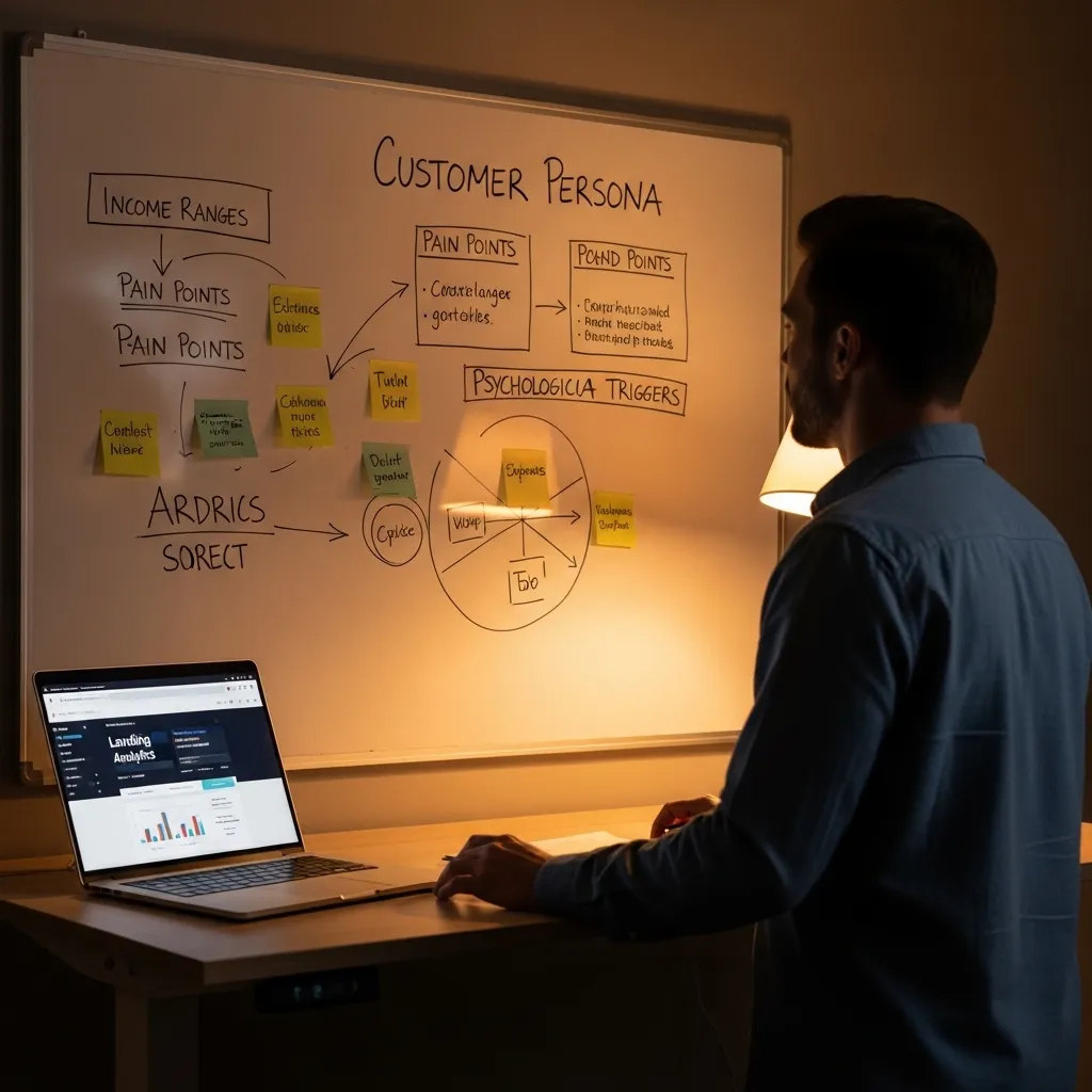 A photorealistic scene of a thoughtful marketer at a standing desk, looking at a whiteboard covered in customer persona detai