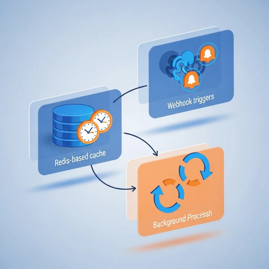 A conceptual illustration showing three interconnected caching strategies visualized as distinct systems: a Redis database wi