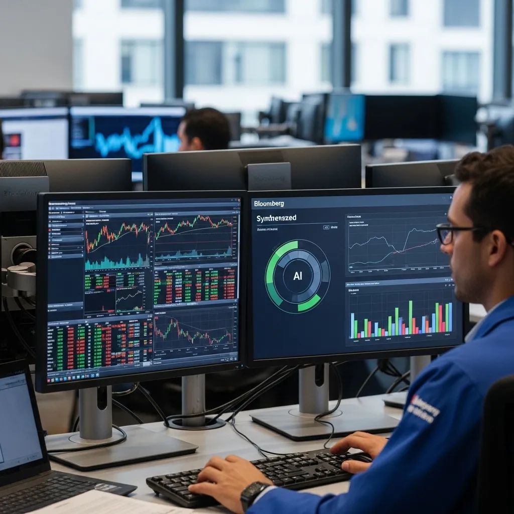 A dynamic trading floor environment with a financial professional using a dual-monitor Bloomberg terminal setup