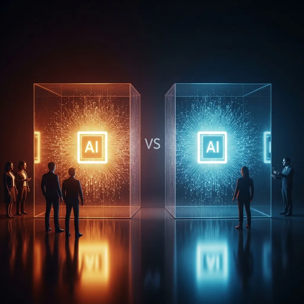 A moody, atmospheric image depicting the tension between AI advancement and societal caution