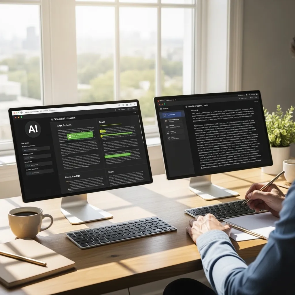 A detailed photorealistic scene of a content creation workspace