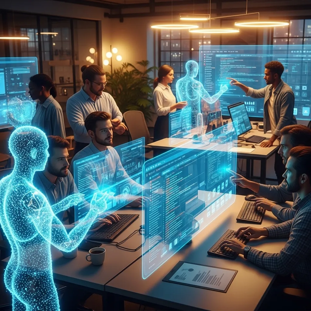 A photorealistic scene of software developers collaborating with AI agents in a modern tech workspace