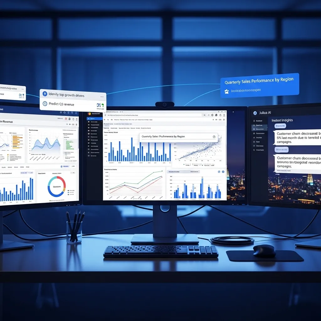 A sophisticated data visualization dashboard glowing on multiple monitors