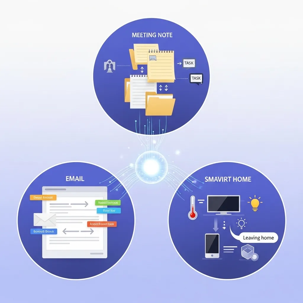 A vibrant digital illustration showing three connected automation scenarios in circular panels