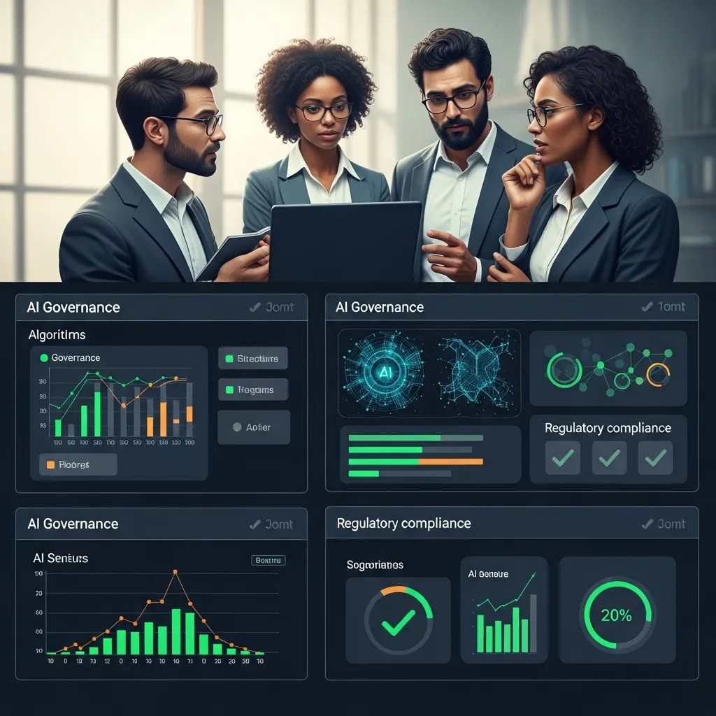 A high-quality digital illustration of a corporate compliance dashboard with multiple panels showing AI governance metrics, b