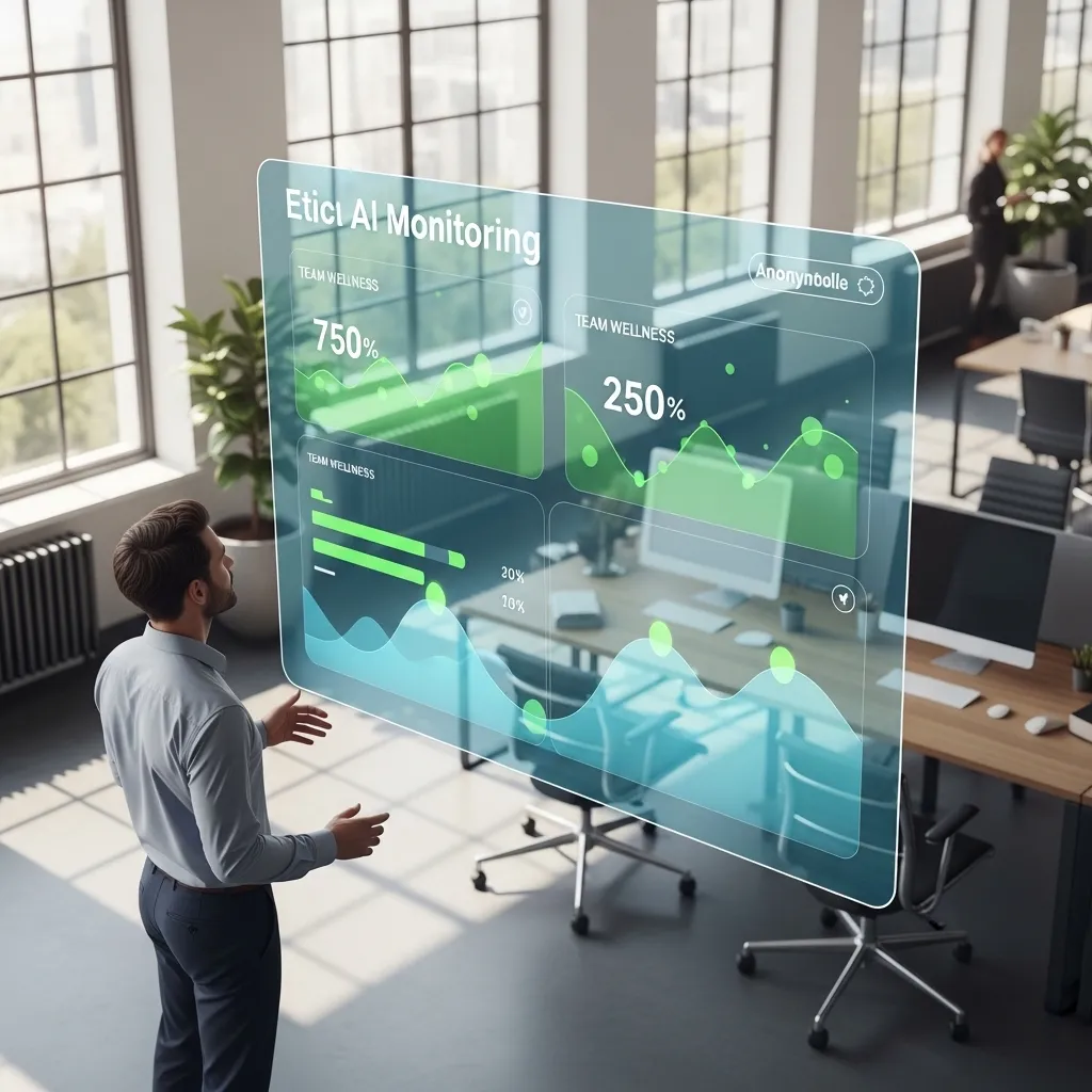 A transparent workplace scene showing ethical AI monitoring