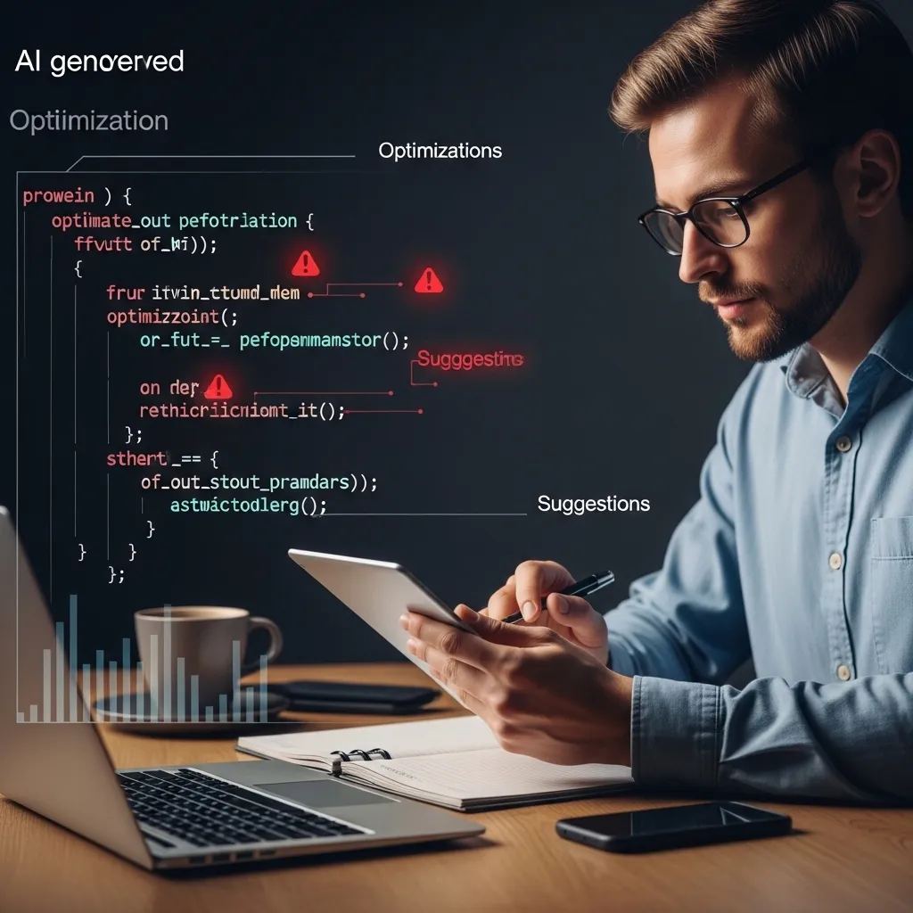 A photorealistic scene showing AI-generated code optimizations being carefully reviewed by a human developer