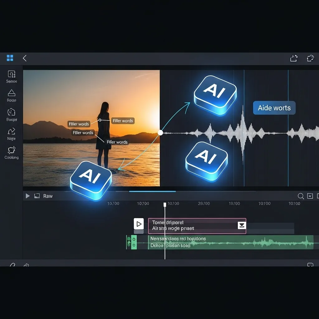 A vibrant scene of video editing software with AI-powered features in action
