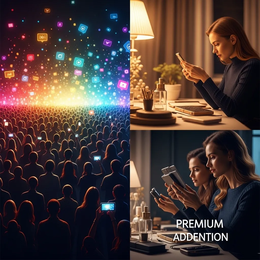 A striking visual metaphor showing viral social media content attracting a large, diverse crowd while a smaller, sophisticate