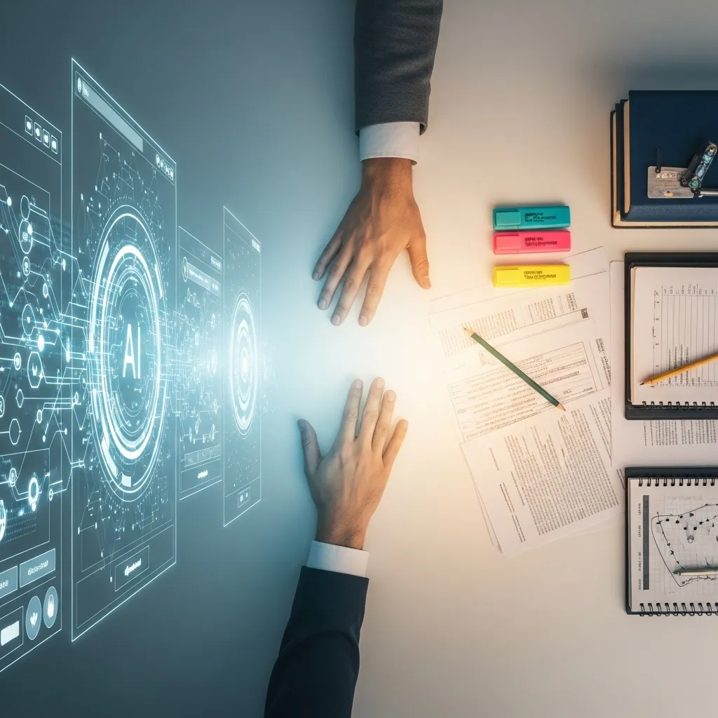 A balanced, symmetrical composition showing a researcher's workflow