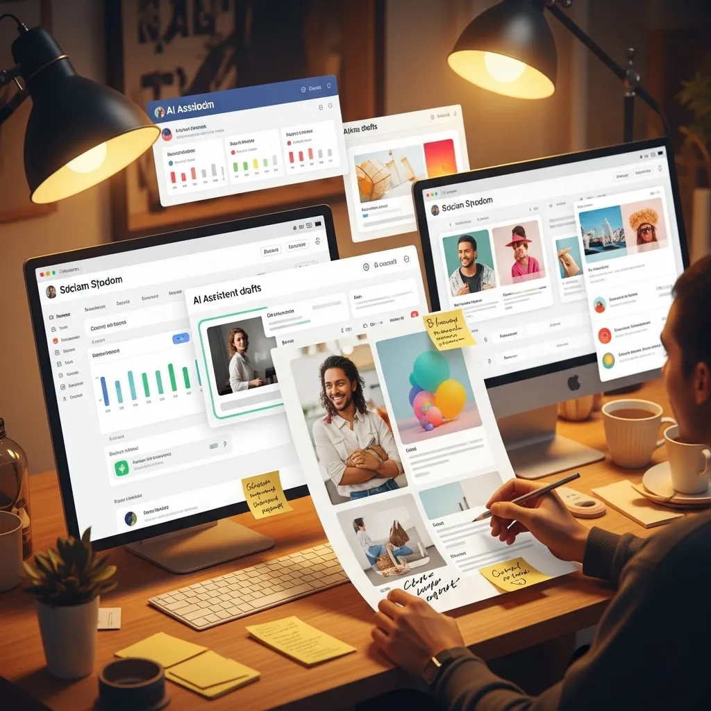 A vibrant social media content creation workspace showing AI-assisted workflow