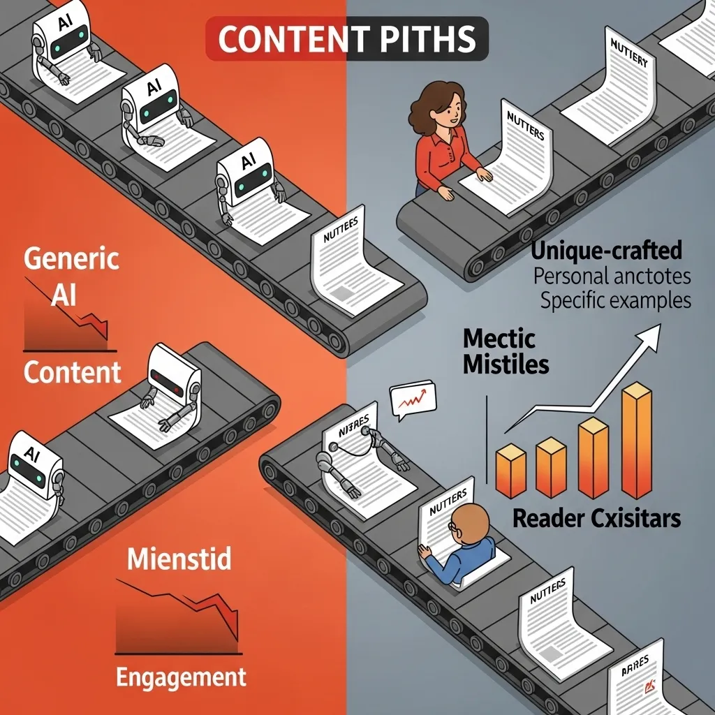 A detailed digital illustration showing two contrasting content paths