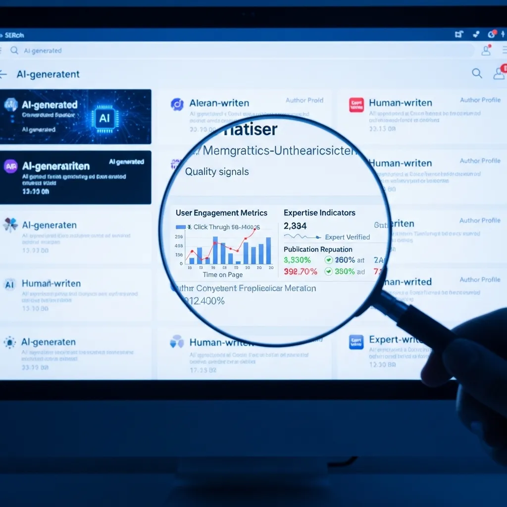 A photorealistic image depicting a search engine results page with AI-generated content ranking highly alongside human-writte