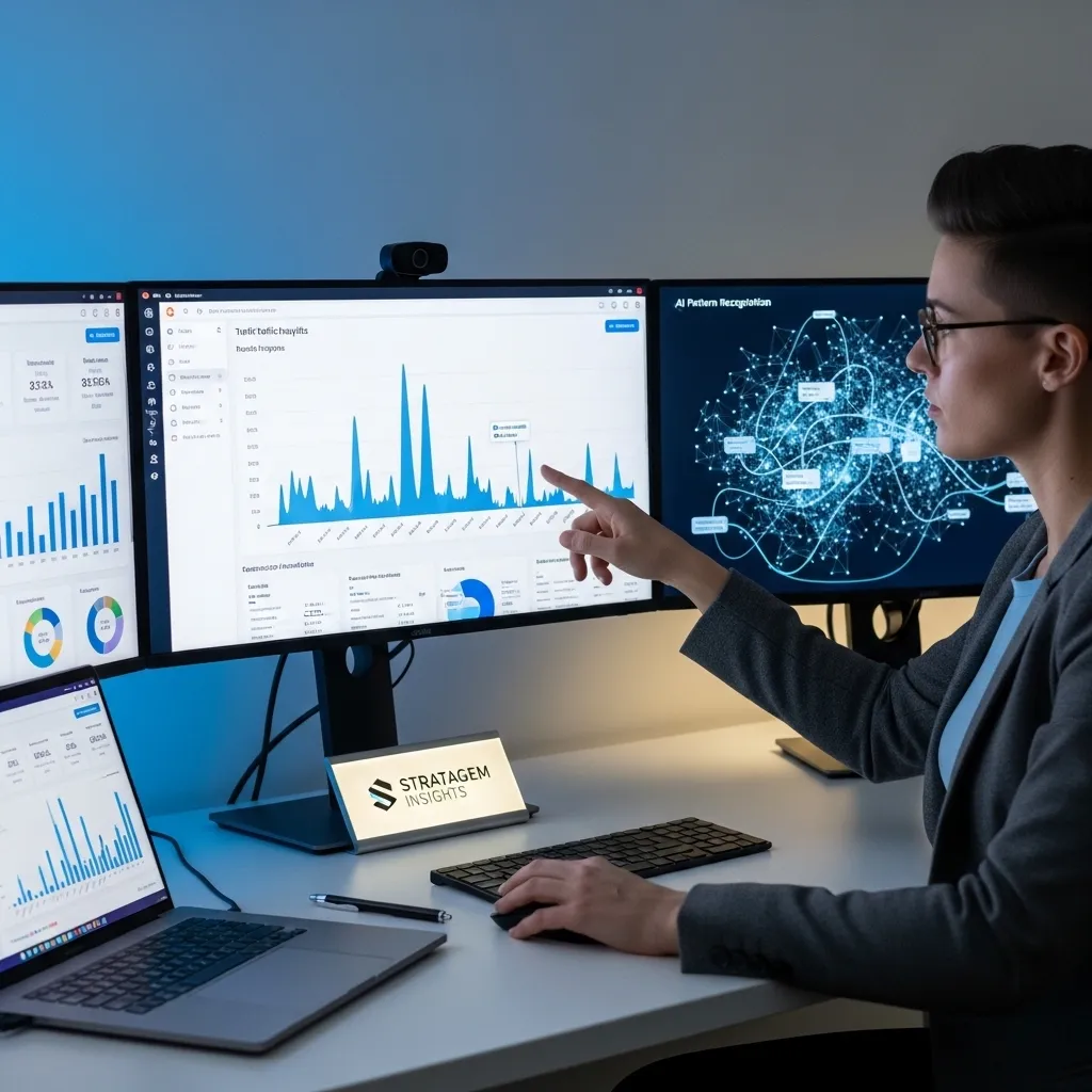 A content strategist analyzing performance dashboards on multiple monitors